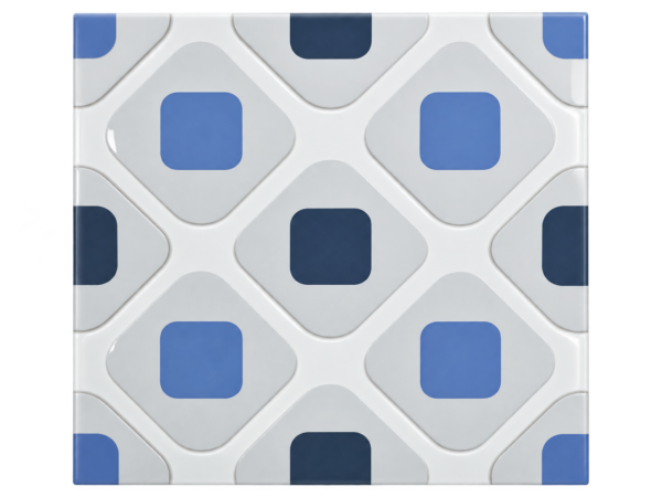 3D-126 Geometric 3D Polished Vitrified Porcelain Tile, 600 x 600 mm, White, Grey & Blue