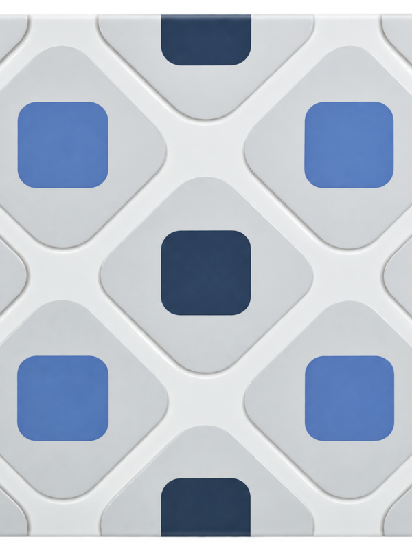 3D-126 Geometric 3D Polished Vitrified Porcelain Tile, 600 x 600 mm, White, Grey & Blue